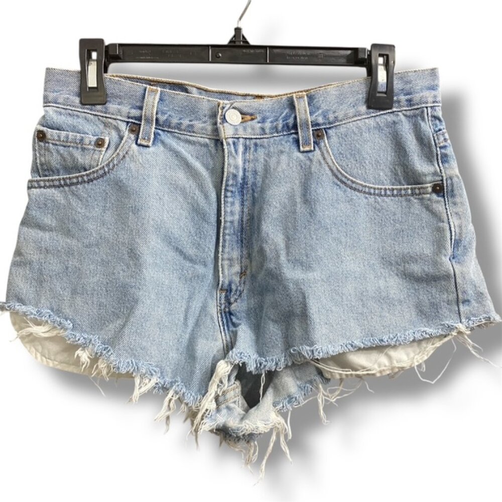 Levi's Distressed High Rise Blue Y2K Denim Shorts Raw Hem Size 10